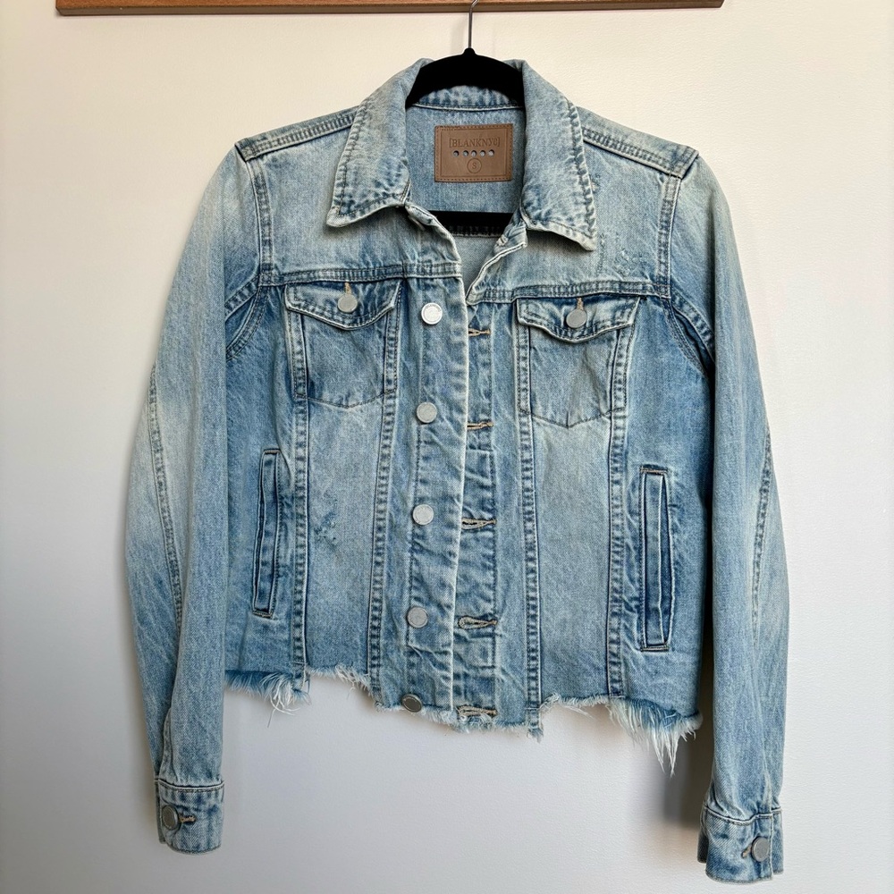 Blank NYC Cropped Denim Jacket, Light Wash, Raw Hem Distressed Women’s Small
